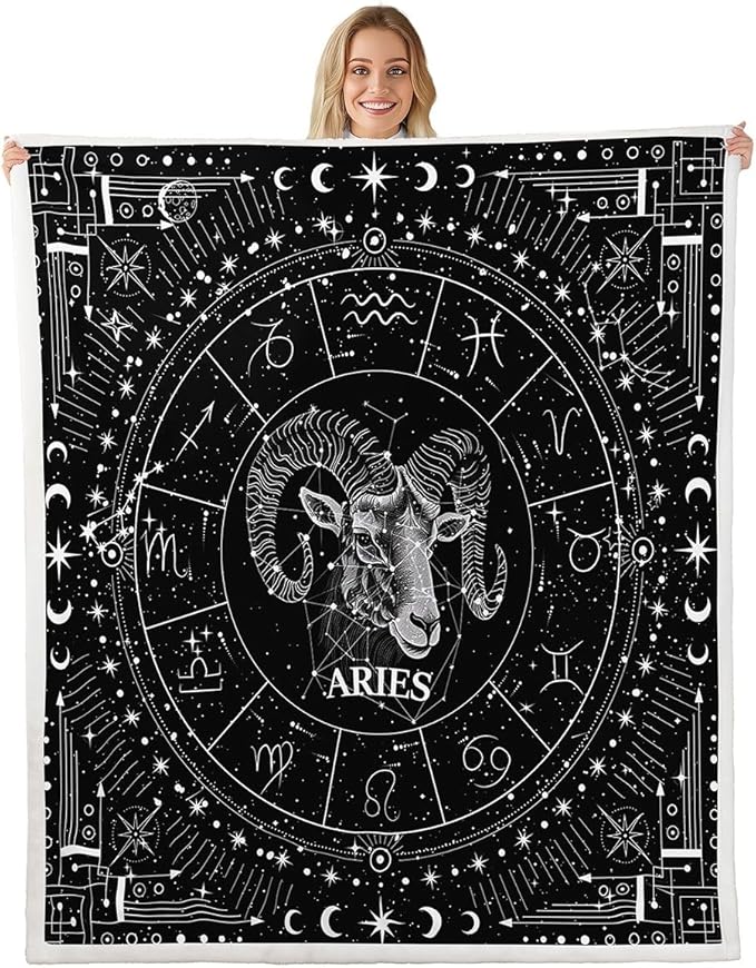 Feelyou Zodiac Fleece Throw Blanket Aries Blanket for Kids Boys Girls Teens Moon Star Pattern Plush Blanket Universe Cloud Galaxy Fuzzy Blanket for Sofa Bed Couch,Twin 60x80 Inches - Aries Blanket for men