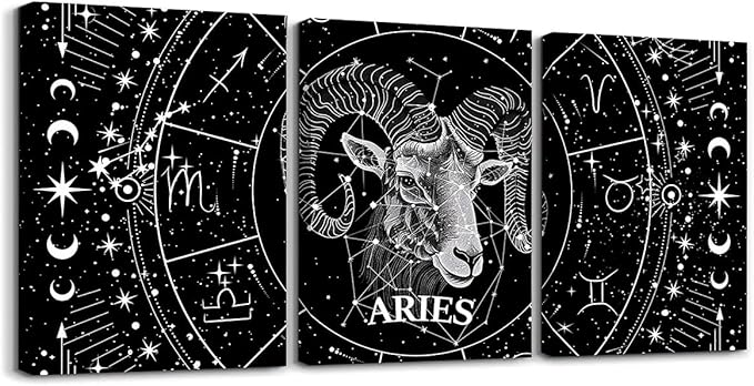Feelyou Zodiac 3 Piece Canvas Wall Art for Living Room Bedroom ARIES Wall Art for Home Decor Moon Star Pattern Office Wall Decor Universe Cloud Galaxy Wall Painting - Aries Canvas for men