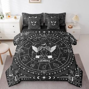 Feelyou Zodiac 7 Piece Bedding Set King Size Gemini Comforter Set with Sheets for Kids Boys Girls Teens Moon Star Pattern Bed in a Bag Universe Cloud Galaxy Bed Set - Gemini Blanket for men