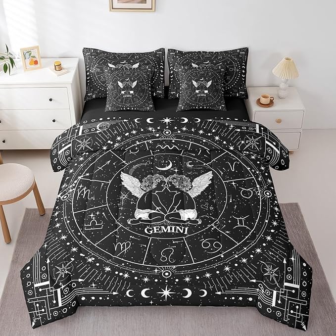 Feelyou Zodiac 7 Piece Bedding Set King Size Gemini Comforter Set with Sheets for Kids Boys Girls Teens Moon Star Pattern Bed in a Bag Universe Cloud Galaxy Bed Set - Gemini Blanket for men