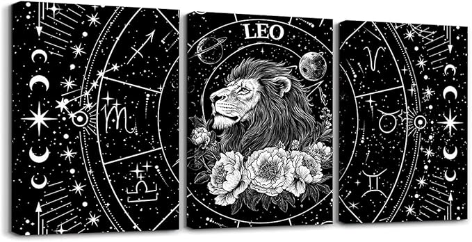 Feelyou Zodiac 3 Piece Canvas Wall Art for Living Room Bedroom LEO Wall Art for Home Decor Moon Star Pattern Office Wall Decor Universe Cloud Galaxy Wall Painting - Leo Canvas for men