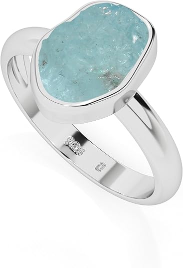 Natural Raw Aquamarine Solitaire Rings for Women in Sterling Silver, March Birthstone Jewelry Gifts for Her Birthday, Anniversary, Christmas (Bezel-Set) - Aries Ring for men
