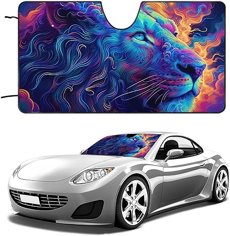 Colorful Starry Sky Lion Windshield Sun Shade Foldable Reflective Sun Shade Blocks UV Rays,Car Interior Accessories - Aries Car Ornament for men
