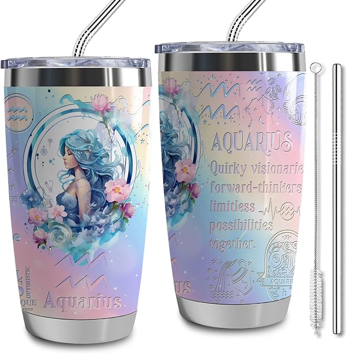 Aquarius Gifts for Women Girls,12 Zodiac Constellation Tumbler,20 oz Stainless Steel Insulated Tumblers with Lid,Birthday Christmas Gifts for Daughter Sisters (Aquarius) - Aquarius Mug for men