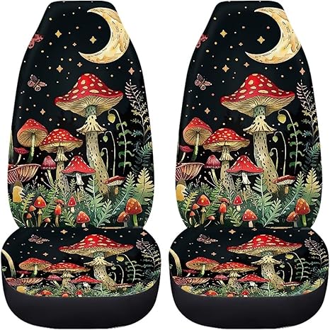 BIGCARJOB Mushroom Print Car Seat Cover Set for Front Seat Only,Moon Star Mushroom Print Auto Front Seat Protector Full Set Car Interior Accessories,Universal Fit - Aries Car Seat Cover for men