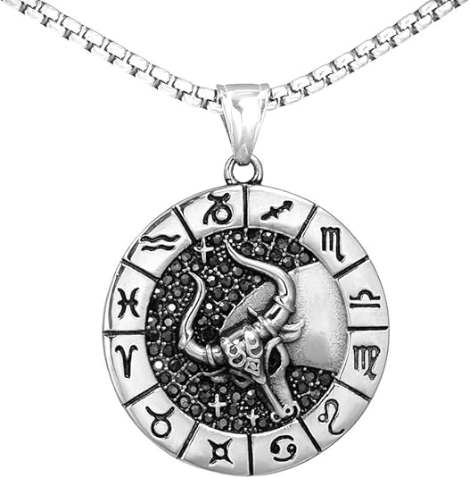 Men's Women's Stainless Steel Micro Pave CZ Creative 12 Constellations Signet Zodiac Pendant Necklace Horoscope Jewelry - Taurus Products for men