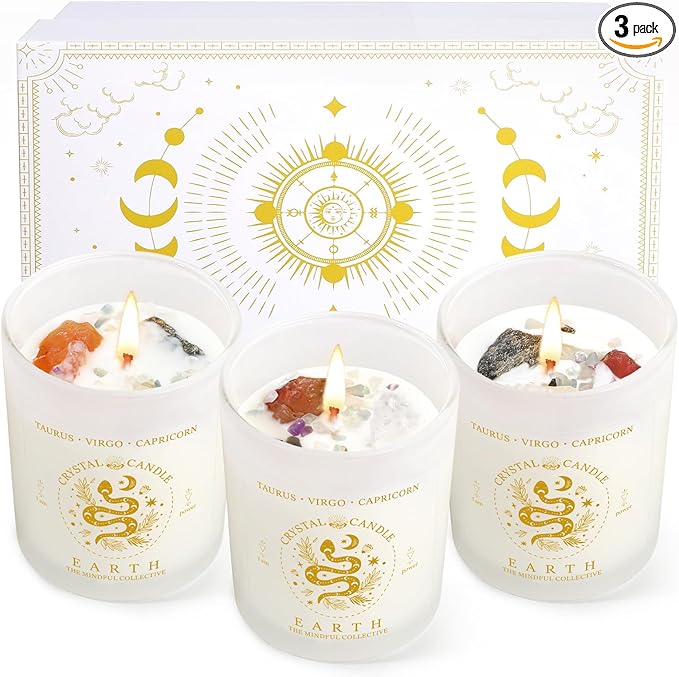 Zodiac Birthday Gifts for Women, Lavender Scented Candles for Women, Soy Candles with Healing Crystals Healing Stones, Spiritual Astrology Gifts Basket (Earth-Taurus, Virgo, Capricorn) - Taurus for men