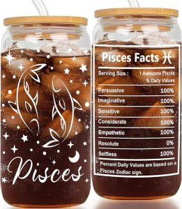Pisces Gifts - Birthday Gifts for Women - 16oz Pisces Glass Tumbler for Friend - Astrology Coffee Cup for Coworker - Zodiac Constellation Gifts for Employee Boss Lady - Pisces for men