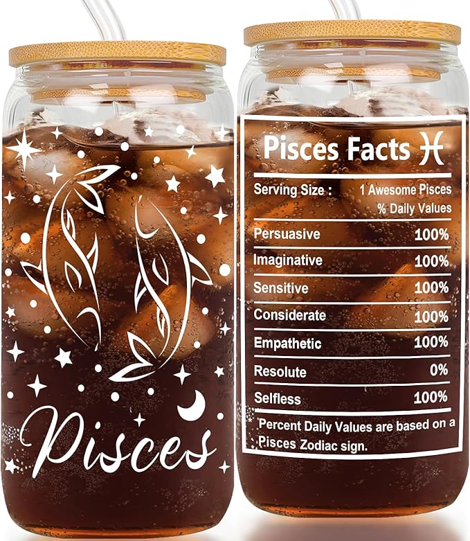 Pisces Gifts - Birthday Gifts for Women - 16oz Pisces Glass Tumbler for Friend - Astrology Coffee Cup for Coworker - Zodiac Constellation Gifts for Employee Boss Lady - Pisces for men