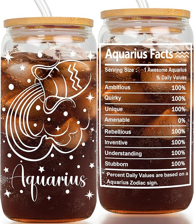 Aquarius Gifts - 16oz Aquarius Constellation Glass Cup for Women Men - Birthday Gifts for Astrology Fans Coworker Friends - Zodiac Sign Gifts for Boss Lady Employee - Aries Mug for men