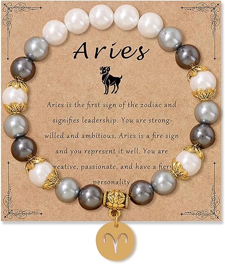 Zodiac Signs Spirit Bracelet Zodiac Bracelet for Women Men Adjustable 12 Constellation Bracelet White and Grey Pearl Beaded Stretch Bracelet Constellation Charm Bracelet Birthday Jewelry Gifts - Aries Bracelet for men