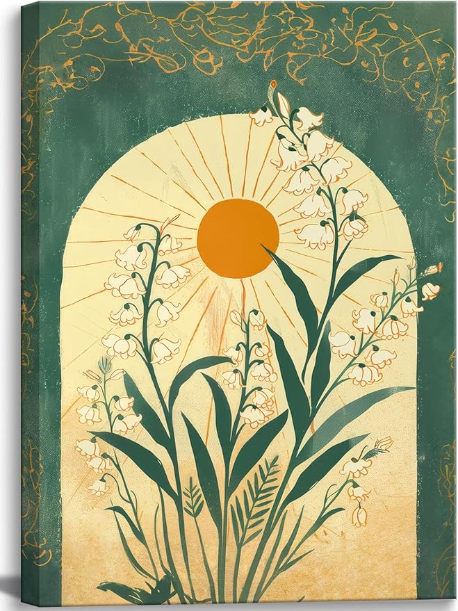 Framed Lily Of The Valley Wall Art Emerald Green Botanical Canvas Wall Decor Mystical Folk Sun Taurus Sign Flowery Spiritual Pictures Prints Posters for Living Room Office Ready To Hang 12x16in - Taurus for men