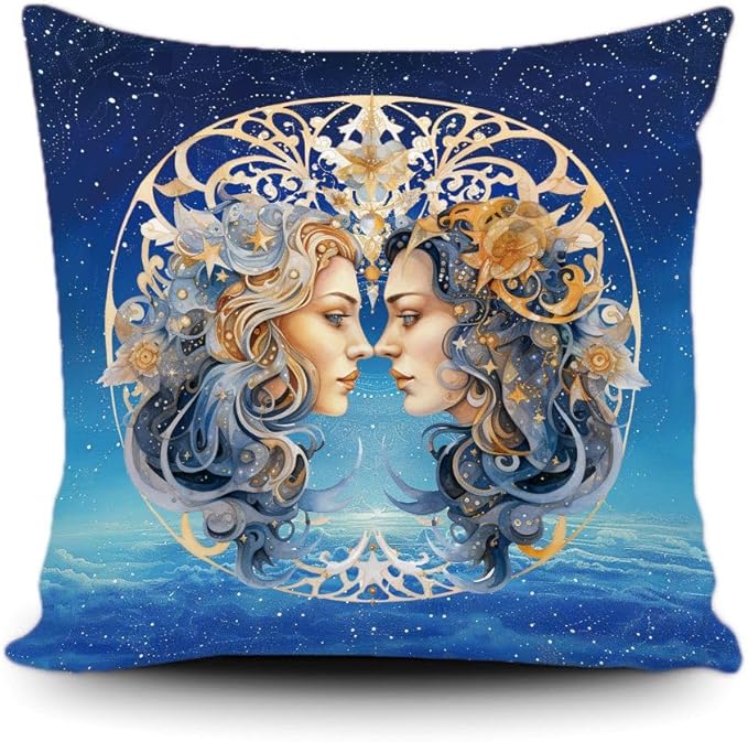 Gemini Horoscope Throw Pillow Cover Star Sign Constellation Astrology Symbol Zodiac Blue Galaxy Sky Canvas Pillow Case for Couch Sofa Home Decoration 16X16 Inch Print Double Side - Gemini Canvas for men