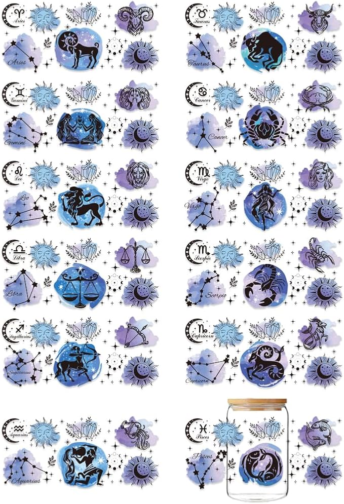 12 Sheets UV DTF Cup Wrap Transfer Stickers, Star Sign Rub on Decals Scorpio Leo Virgo UV DTF Cup Wraps Zodiac Sign Waterproof Personalized Stickers for Bottles Drink Jam Container - Scorpio Sticker for men