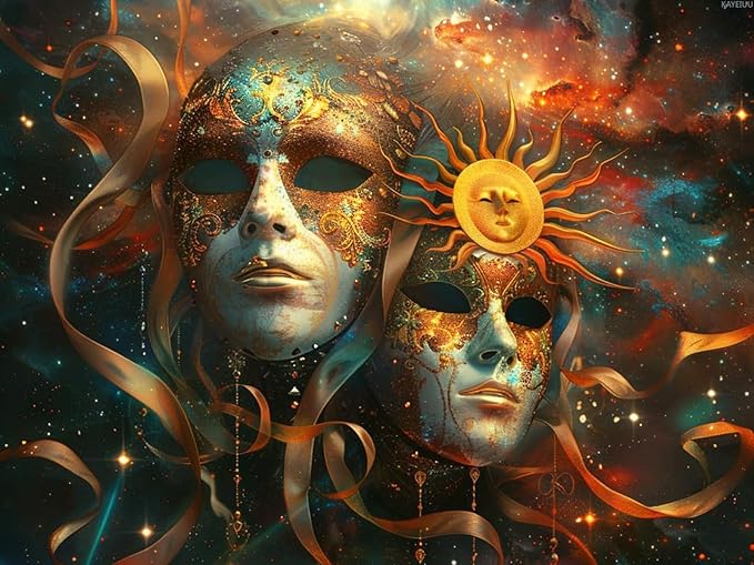 KAYEIUU Zodiac Sign of Gemini with Masks DIY 5D Diamond Paint Kits for Adults Easy for Beginner Round Full Drill Diamond Art Painting Gems Cross Stitch Mosaic Craft for Home Decor 12x16 inch - Gemini Canvas for men