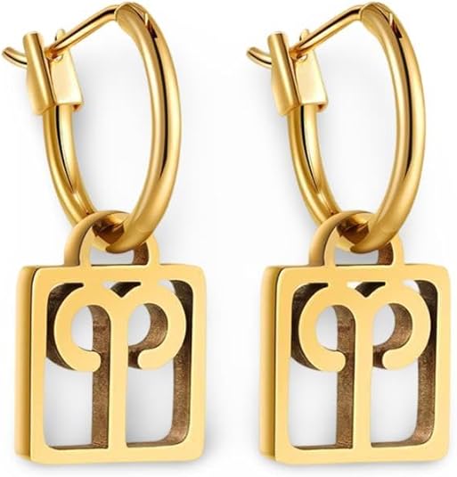 Punk Gold Color Square 12 Zodiac Signs Hollow Constellation Symbol Dangle Earrings Stainless Steel Hoops Ear Buckle Aros - Aries Earrings for men