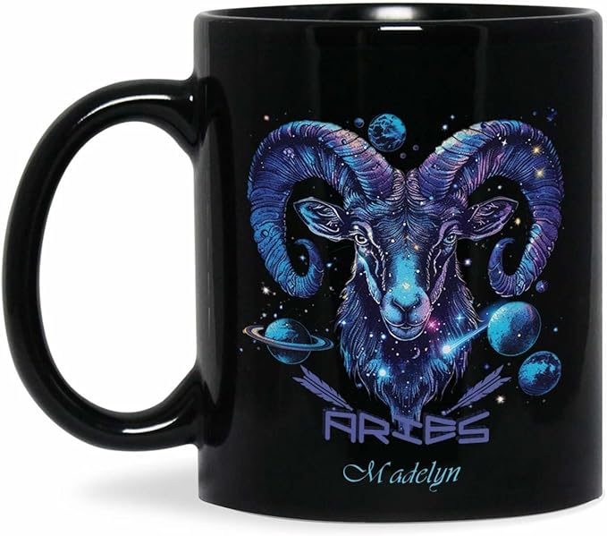 Astrological Celestial Design Mug, Personalized Aries Symbol Coffee Cup, Customized Name Aries Zodiac Ceramic Mug, Gift For Men Women, Custom Astrology Themed Black Cup 11oz 15oz - Aries Mug for men