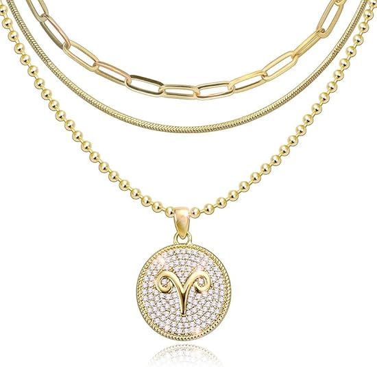 Zodiac Necklace for Women, 14K Gold Plated Constellation Pendant with Sparkly Stones, Horoscope Astrology Jewelry Gift, Layered Chain Zodiac Sign Necklace - Aries Necklace for men
