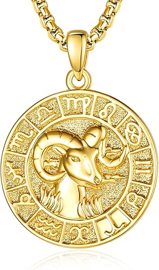 Aries Zodiac Necklace for Men Ram Horoscope Constellation Pendant Medal 14K Gold Aries Pendant Jewelry Zodiac Empowering Birthday Gifts for Him Husband Son Father Dad - Aries Necklace for men