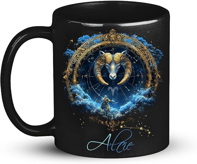 Personalized Name Aries Zodiac Mug, Custom Aries Design Coffee Cup, Customized Astrology Lover Mug 11oz 15oz, Zodiac Themed Black Cup, Horoscope Sign Ceramic Mug, Gift For Birthday - Aries Mug for men
