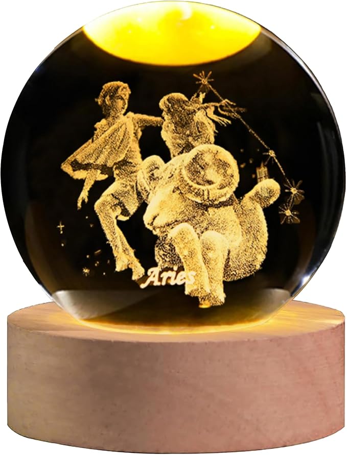 3D Laser Etched Aries Crystal Ball with LED Light Stand, Constellation Decor Glass Sphere Lamp, Zodiac Astrology Birthday Gifts for Women Kids - Aries for men