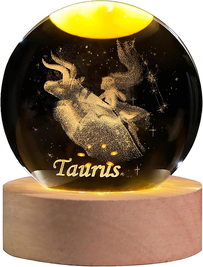 3D Laser Etched Taurus Crystal Ball with LED Light Stand, Constellation Decor Glass Sphere Lamp, Zodiac Astrology Birthday Gifts for Women Kids - Taurus Products for men