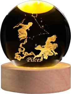 3D Laser Etched Pisces Crystal Ball with LED Light Stand, Constellation Decor Glass Sphere Lamp, Zodiac Astrology Birthday Gifts for Women Kids - Pisces Home Decor for men