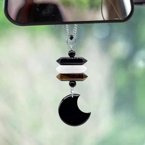 Moon Crystal Hanging Car Charm,Cute Healing Stones Car Decor for Rear View Mirror,Boho Handmade Sun Catcher Ornament Accessories,Tiger Eye Black Obsidian Hematite Quartz Crystal Protection for Women - Pisces Car Accessories for men
