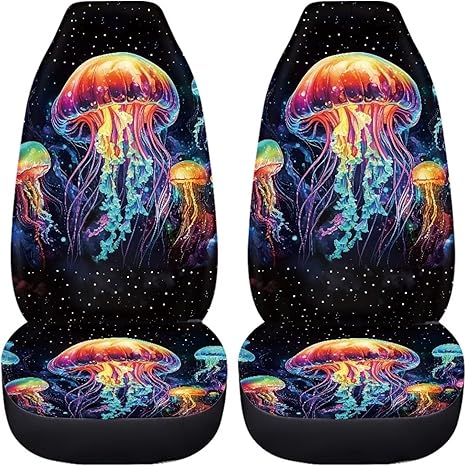 BIGCARJOB 2 Pack Art Jellyfish Car Seat Cover Full Set Stretchy Driver Seat Covers Womens Car Interior Accessories Set Universal Vehicle Bucket Seat Cover Stretchy Driver Seat Protector - Aquarius Car Seat Cover for men