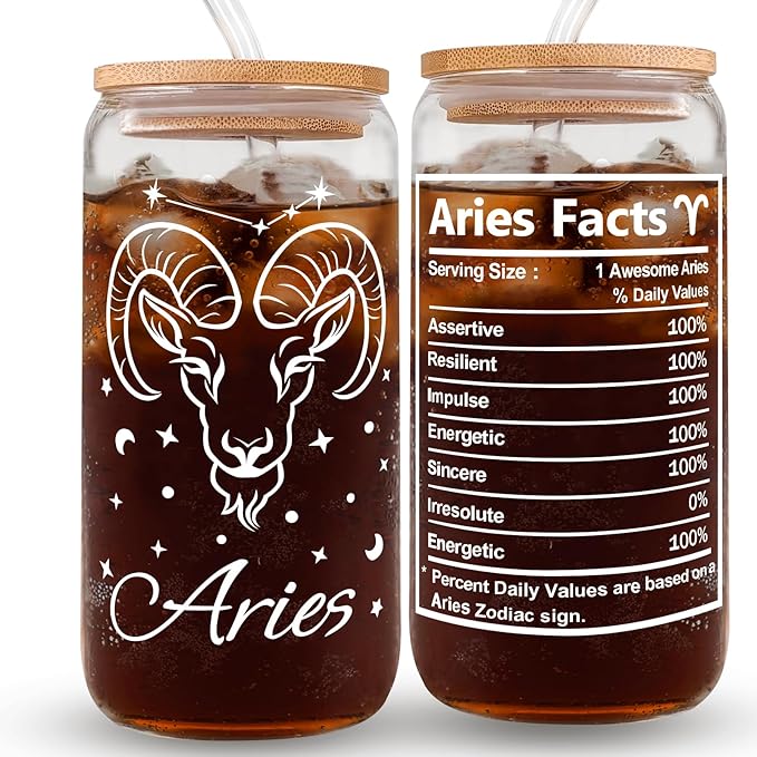 FatWongcoi Aries Gifts for Women - Birthday Gifts for Friend - Aries Coffee Mug for Family - Astrology Zodiac Glass Cups with Lids and Straws - 16oz Aries Iced Coffee Cup for Mom Dad Coworkers - Aries Ring for men