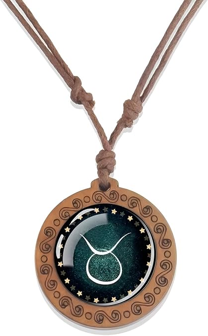 12 Zodiac Signs Constellation Necklaces Glass Dome Vintage Wood Pendant Rope Chains Necklace For Women Men - Constellation Necklace Horoscope Jewelry - Taurus Products for men