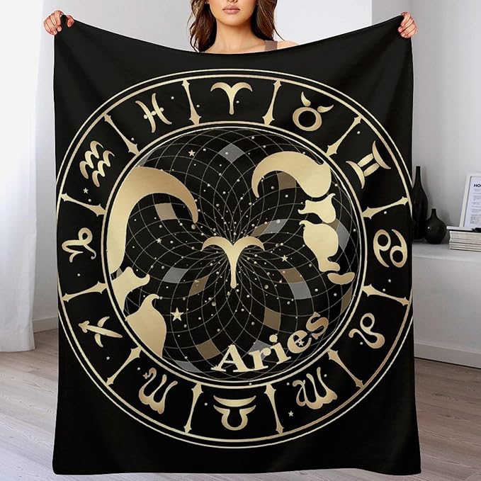 Gold Zodiac Sign Aries Throw Blanket, Lightweight Fleece Throws for Men Women,Warm Soft Flannel Fuzzy Blanket for Bed Sofa Couch 40"*50" - Aries Blanket for men