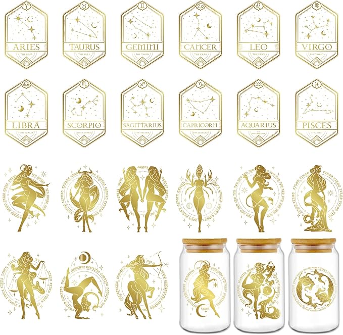 Constellation UV DTF Cup Wrap - 24 Sheets Twelve Zodiac Signs UV DTF Cup Wraps for 16 oz Glass, Gold Astrology Decals for Water Botters, Waterproof Rub on Transfer Stickers, DIY Crafts - Aries Sticker for men