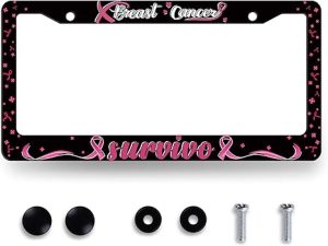 Breast Cancer Awareness License Plate Frame Pink Ribbon License Plate Holder for Front and Rear Car Tags Stainless Steel Funny License Plate Car Decoration with Screws 12.2" x 6.2" - Cancer Car Accessories for men