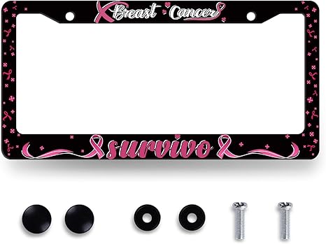 Breast Cancer Awareness License Plate Frame Pink Ribbon License Plate Holder for Front and Rear Car Tags Stainless Steel Funny License Plate Car Decoration with Screws 12.2" x 6.2" - Cancer Car Accessories for men