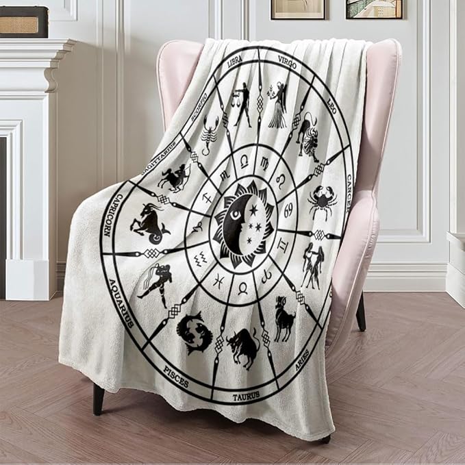 Winter Flannel Throw Blanket for Women Zodiac Round Black Horoscope On White Astronomy Circle Capricorn Sun Wheel Aquarius Archer Aries Blanket for Couch, Plush Cozy Reversible Bed Blanket 40x50 - Aries Blanket for men