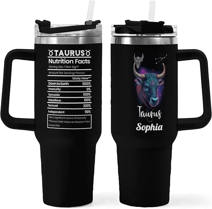 Personalized 40oz Taurus Name Zodiac Sign Nutrition Facts Stainless Steel Insulated Vacuum Tumbler Mug Water Bottle with Handle,3 Lids,Straw,Travel Coffee Constellation Cup,Gift for Women(Lid-01) - Taurus for men