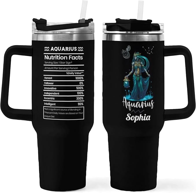 Personalized 40oz Aquarius Name Zodiac Sign Nutrition Facts Stainless Steel Insulated Vacuum Tumbler Mug Water Bottle with Handle,3 Lids,Straw,Travel Coffee Constellation Cup,Gift for Women(Lid-01) - Aquarius Mug for men