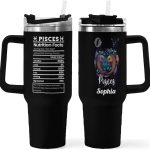 Personalized 40oz Pisces Name Zodiac Sign Nutrition Facts Stainless Steel Insulated Vacuum Tumbler Mug Water Bottle with Handle,3 Lids,Straw,Travel Coffee Constellation Cup,Gift for Women(Lid-01) - Pisces for men