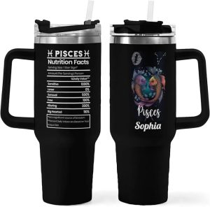 Personalized 40oz Pisces Name Zodiac Sign Nutrition Facts Stainless Steel Insulated Vacuum Tumbler Mug Water Bottle with Handle,3 Lids,Straw,Travel Coffee Constellation Cup,Gift for Women(Lid-01) - Pisces for men
