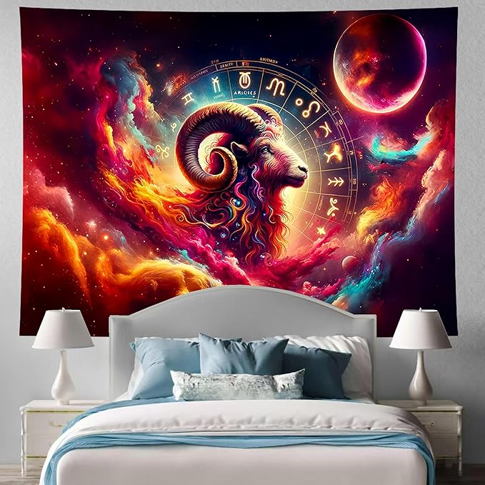 Aries Tapestry Wall Hanging Zodiac Sign Decoration Aesthetic for Bedroom Living Room Dormitory Suitable for Teen Boy and Girl Who Like Astrology 59x51 Inches - Aries Blanket for men