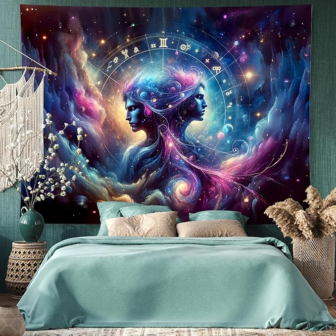 Gemini Tapestry Wall Hanging Zodiac Sign Decoration Aesthetic for Bedroom Living Room Dormitory Suitable for Teen Boy and Girl Who Like Astrology 79x59 Inches - Gemini Blanket for men