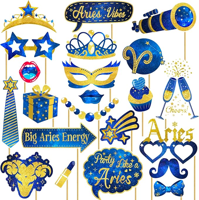 Aries Birthday Photo Booth Props - 22 Pcs Blue Starry Sky Themed Aries Photo Booth Props Decorations for March April Birthday Party, Zodiac, Horoscope, Astrology Bday Party Supplies - Aries Poster for men
