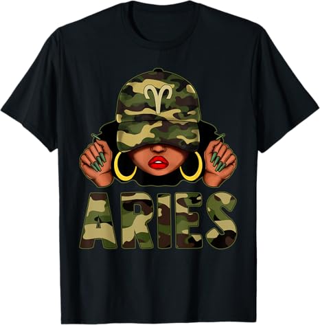 Aries Queen Black Woman With Cap Camo Afro Girl Zodiac T-Shirt - Aries T-Shirt for men