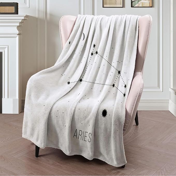 Soft Throw Blanket for Couch, Fuzzy Blankets for Bed Sofa, Astrology Linear Sign Aries On Sky Geometric White Cosmos Paper Signs Graphic Symbols Shapes Magic Flannel Blanket Gifts for Women Men, 60x80 - Aries Blanket for men