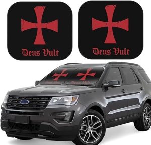 Deus Vult Knights Templar Cross Car Windshield Sun Shade Foldable 2-Piece Car Sunshades Reflect Uv Sun and Heat - Aries Car Ornament for men
