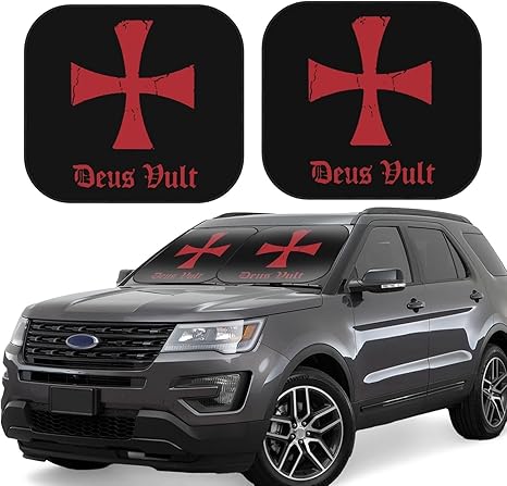 Deus Vult Knights Templar Cross Car Windshield Sun Shade Foldable 2-Piece Car Sunshades Reflect Uv Sun and Heat - Aries Car Ornament for men