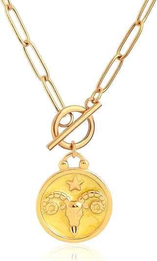 Zodiac Necklace Paperclip Toggle Pendant 12 Constellation Paper Clip Chain Necklace Horoscope Astrology Pendant Zodiac Sign Jewelry Birthday Gift for Women - Aries Necklace for men