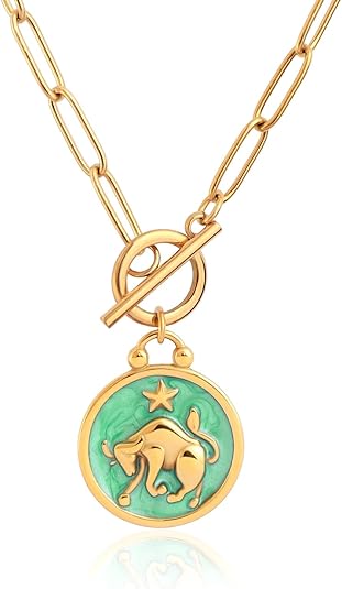 Zodiac Necklace Paperclip Toggle Pendant 12 Constellation Paper Clip Chain Necklace Horoscope Astrology Pendant Zodiac Sign Jewelry Christmas Gift for Women - Taurus for men