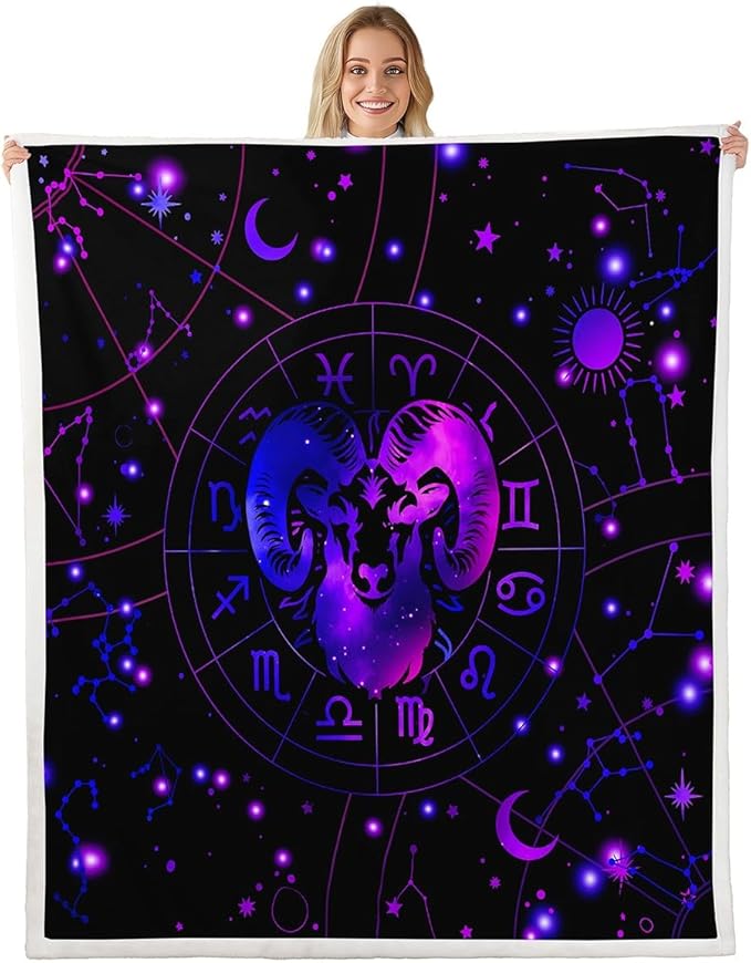 Feelyou Aries Fleece Throw Blanket Throw 50"x60" Constellations Sherpa Blanket Kids Boys Girls 12 Horoscope Astrology Plush Blanket Bohemian Exotic Style Fuzzy Blanket - Aries Blanket for men